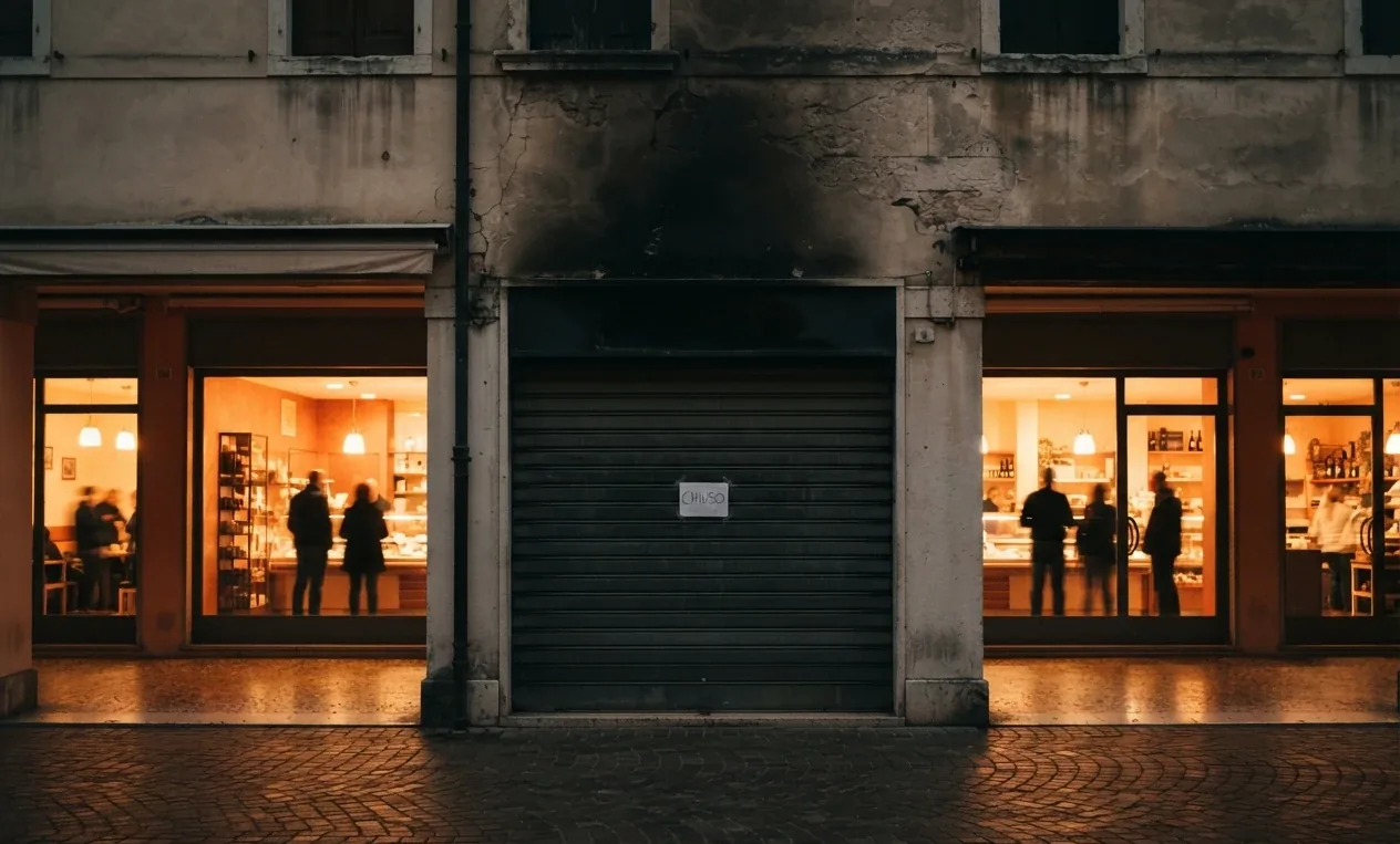 Illustrazione: una fila di negozi illuminati di sera e, al centro, un negozio con la serranda abbassata e il muro annerito dal fumo