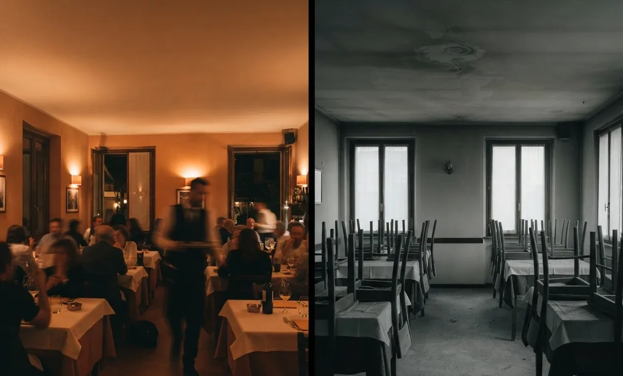 Illustrazione: lo stesso ristorante, a sinistra pieno di clienti e a destra chiuso dopo un incendio, con le sedie sui tavoli